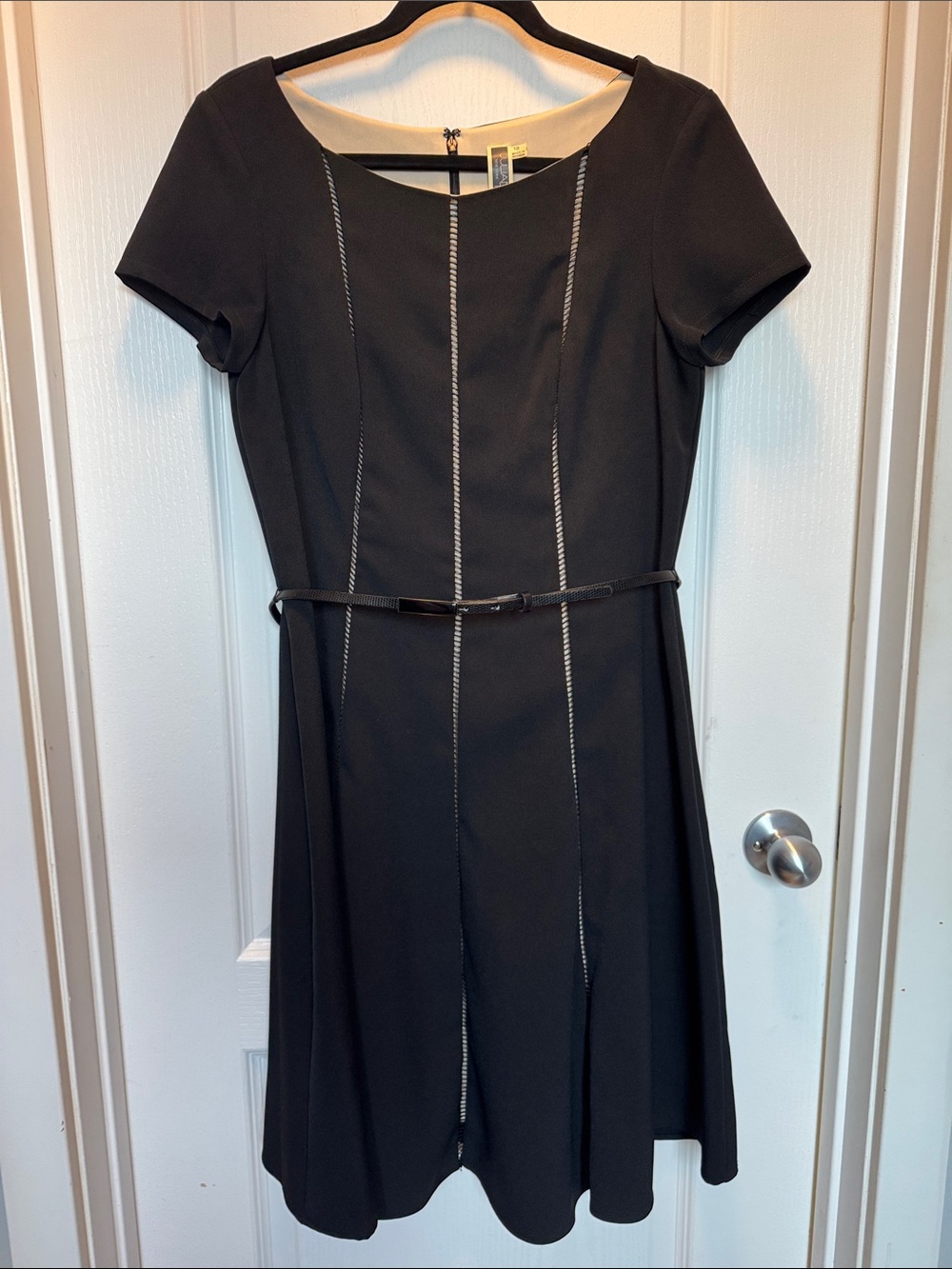 Julian Taylor Black Short-Sleeve Midi Dress with Slim Belt